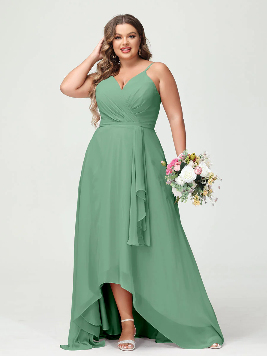 A-Line/Princess Spaghetti Straps Chiffon Ruffles Asymmetrical Plus Size Bridesmaid Dresses with Pockets - Image 18