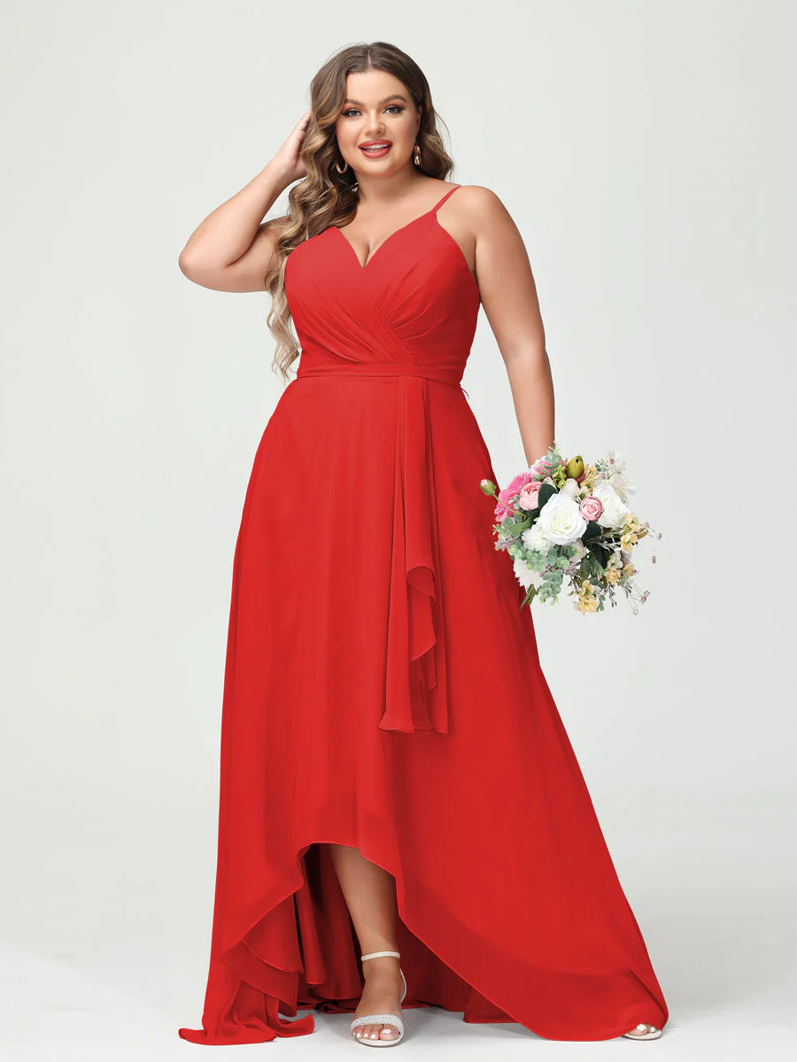 A-Line/Princess Spaghetti Straps Chiffon Ruffles Asymmetrical Plus Size Bridesmaid Dresses with Pockets - Image 37