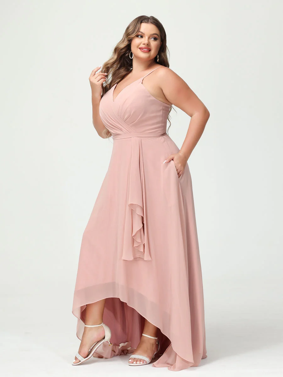 A-Line/Princess Spaghetti Straps Chiffon Ruffles Asymmetrical Plus Size Bridesmaid Dresses with Pockets - Image 5