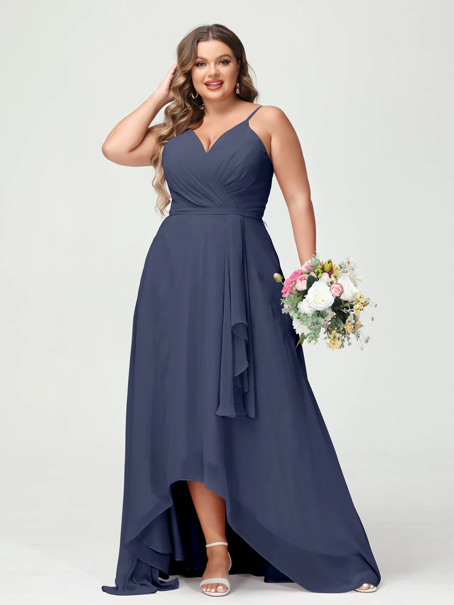 A-Line/Princess Spaghetti Straps Chiffon Ruffles Asymmetrical Plus Size Bridesmaid Dresses with Pockets - Image 58