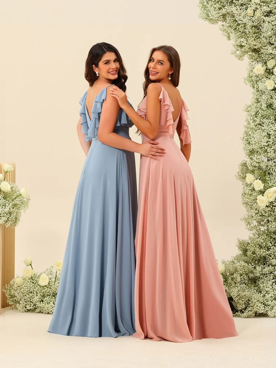 A-Line/Princess Spaghetti Straps Floor-Length Ruched Long Bridesmaid Dresses with Split Side - Image 2
