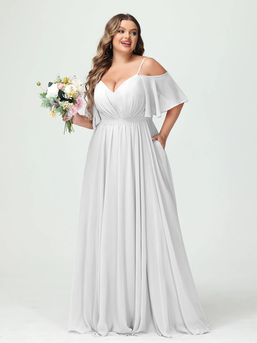 A-Line/Princess Spaghetti Straps Half Sleeves Chiffon Plus Size Bridesmaid Dresses with Pockets - Image 20
