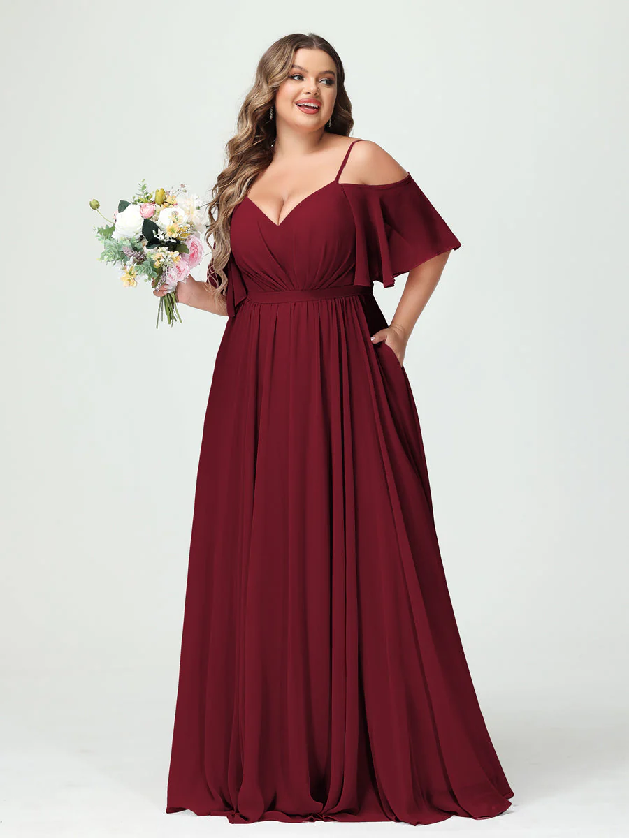 A-Line/Princess Spaghetti Straps Half Sleeves Chiffon Plus Size Bridesmaid Dresses with Pockets - Image 37