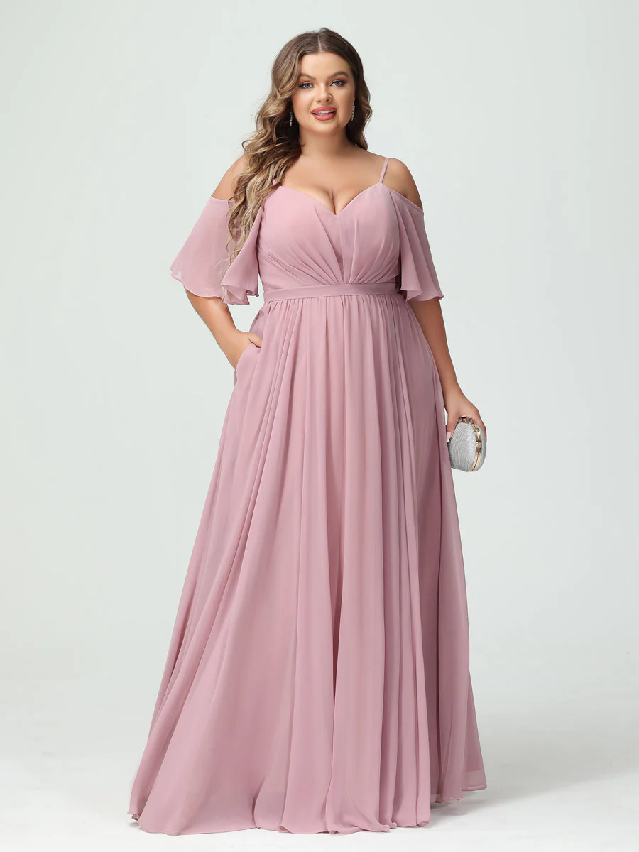 A-Line/Princess Spaghetti Straps Half Sleeves Chiffon Plus Size Bridesmaid Dresses with Pockets - Image 4