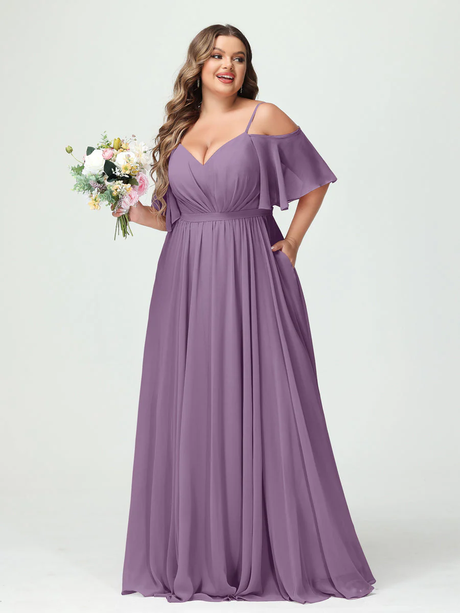 A-Line/Princess Spaghetti Straps Half Sleeves Chiffon Plus Size Bridesmaid Dresses with Pockets - Image 40