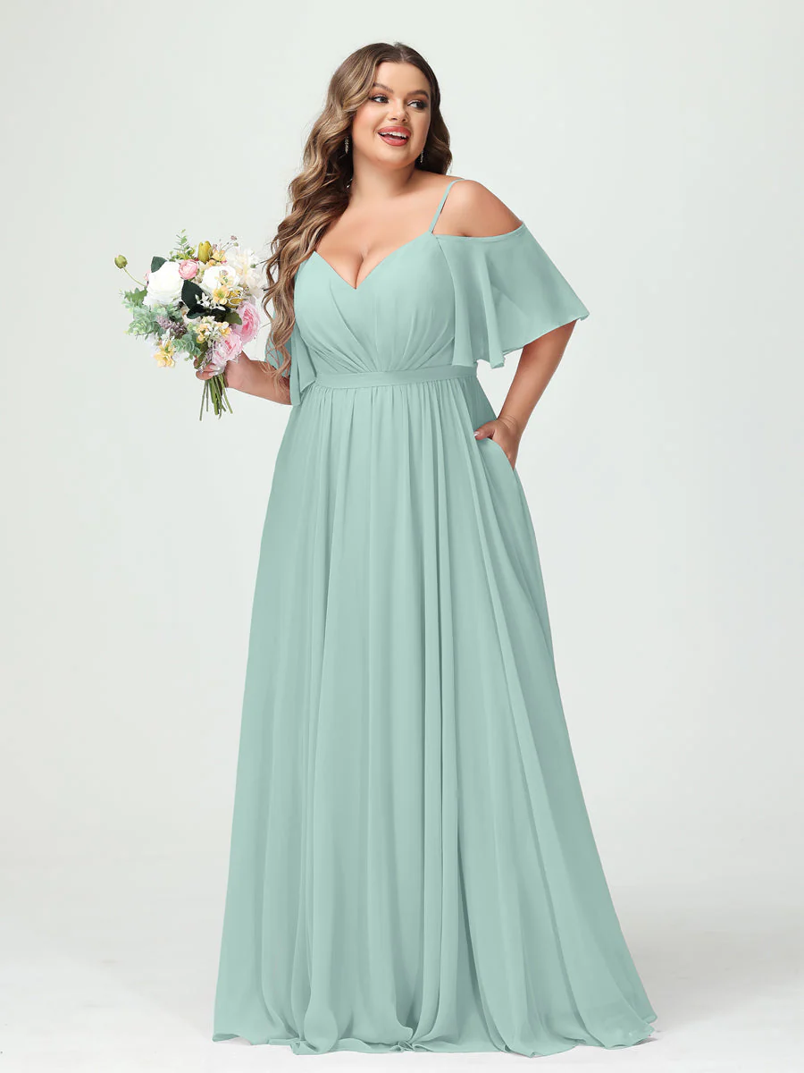 A-Line/Princess Spaghetti Straps Half Sleeves Chiffon Plus Size Bridesmaid Dresses with Pockets - Image 60