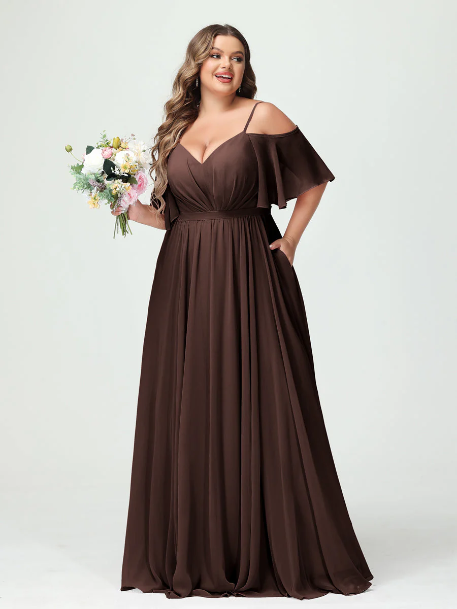 A-Line/Princess Spaghetti Straps Half Sleeves Chiffon Plus Size Bridesmaid Dresses with Pockets - Image 76