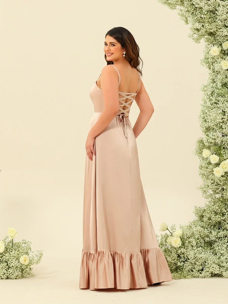 A-Line/Princess Spaghetti Straps Lace-Up Split Side Plus Size Bridesmaid Dresses - Image 5