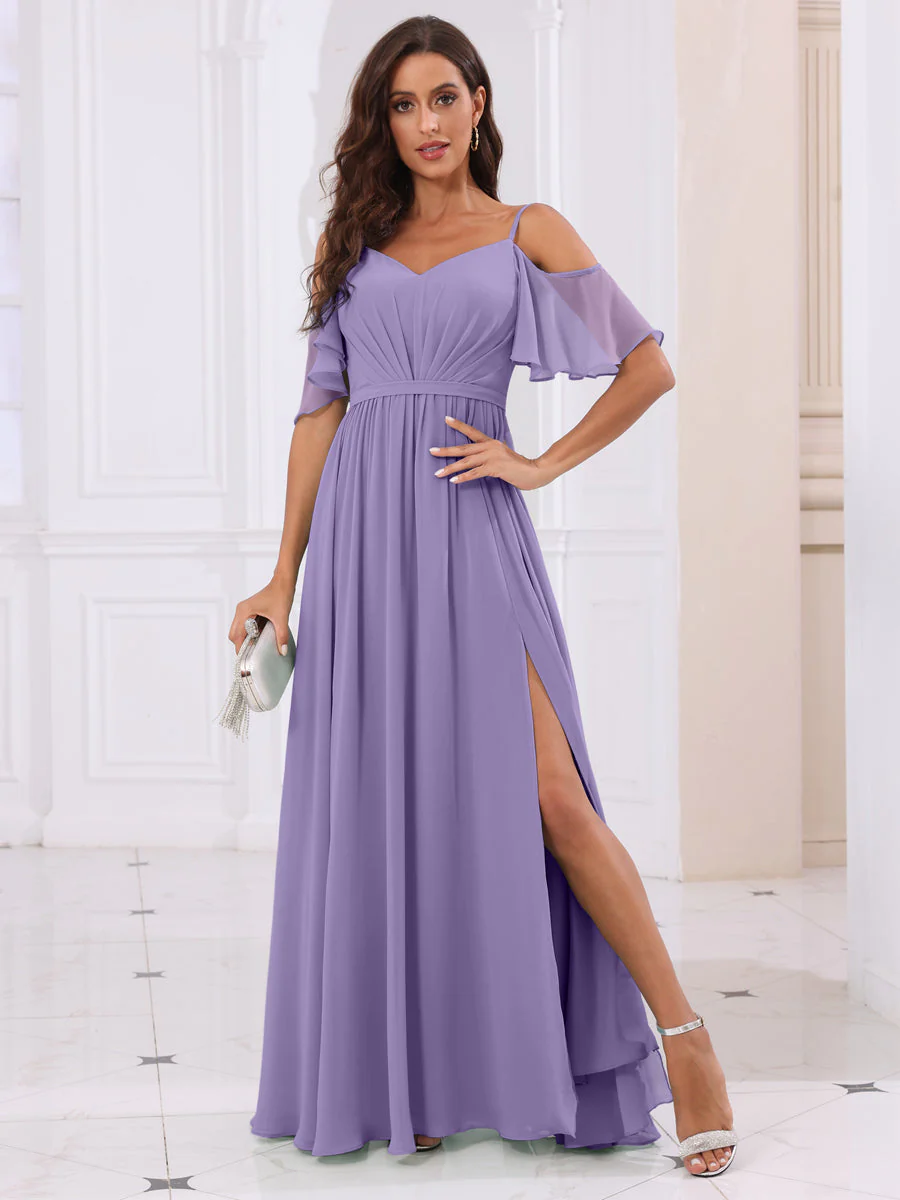 A-Line/Princess Spaghetti Straps Long Bridesmaid Dresses with Split Side - Image 42