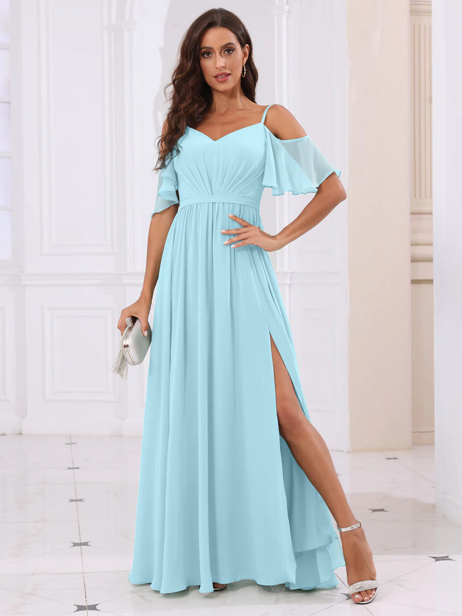 A-Line/Princess Spaghetti Straps Long Bridesmaid Dresses with Split Side - Image 50