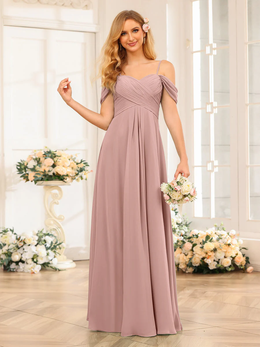 A-Line/Princess Spaghetti Straps Long Wedding Party Dresses with Ruched - Image 32