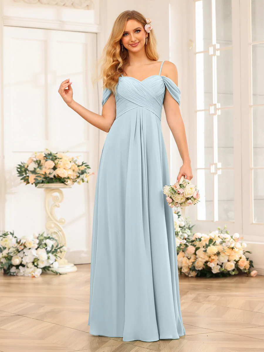 A-Line/Princess Spaghetti Straps Long Wedding Party Dresses with Ruched - Image 49