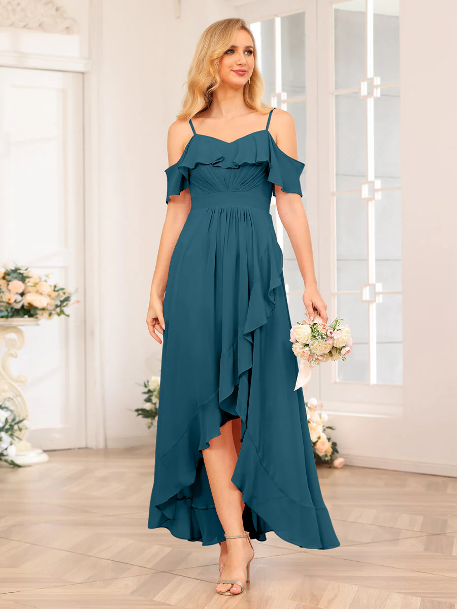 A-Line/Princess Spaghetti Straps Long Wedding Party Dresses with Ruffles - Image 60