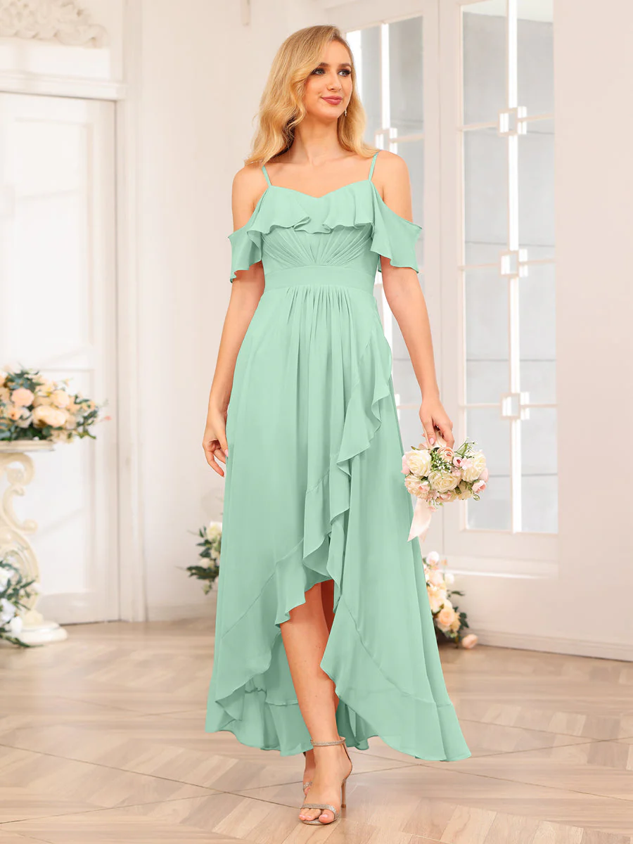A-Line/Princess Spaghetti Straps Long Wedding Party Dresses with Ruffles - Image 63