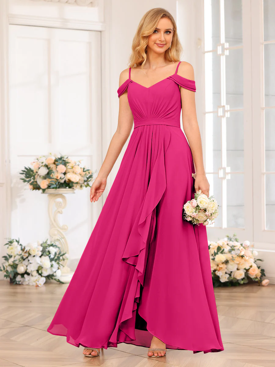 A-Line/Princess Spaghetti Straps Long Wedding Party Dresses with Split Side - Image 36