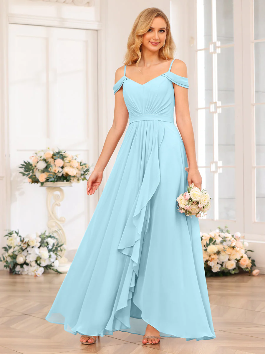 A-Line/Princess Spaghetti Straps Long Wedding Party Dresses with Split Side - Image 51