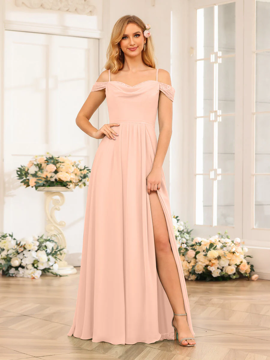 A-Line/Princess Spaghetti Straps Long Wedding Party Dresses with Split Side - Image 30