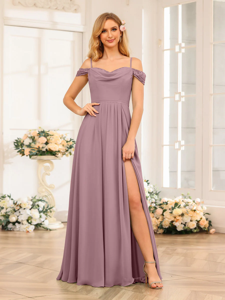 A-Line/Princess Spaghetti Straps Long Wedding Party Dresses with Split Side - Image 33