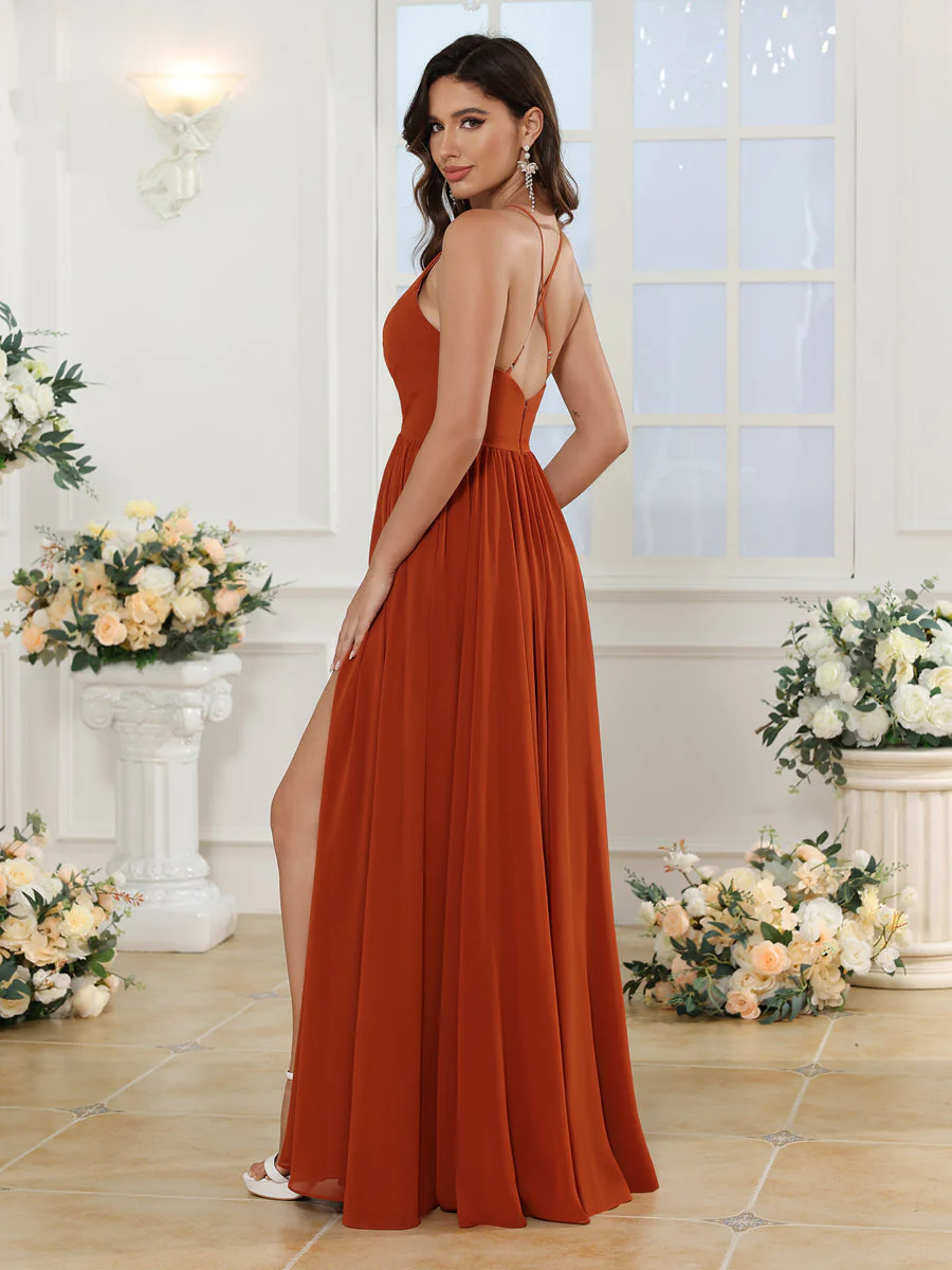 A-Line/Princess Spaghetti Straps Long Wedding Party Dresses with Split Side - Image 3