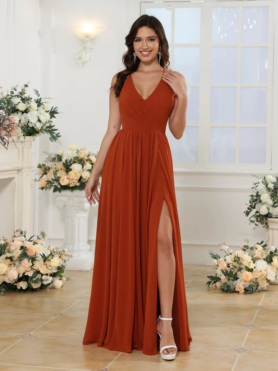 A-Line/Princess Spaghetti Straps Long Wedding Party Dresses with Split Side - Image 4