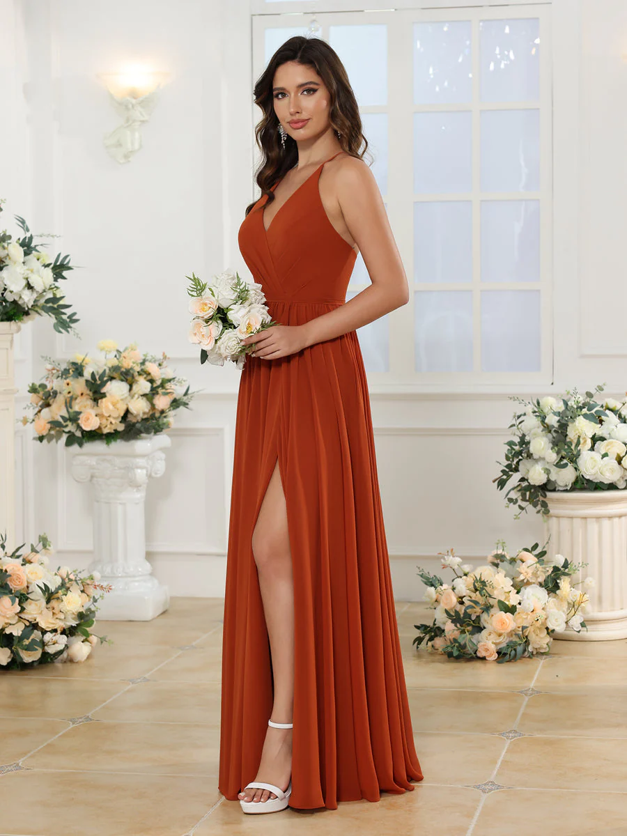 A-Line/Princess Spaghetti Straps Long Wedding Party Dresses with Split Side - Image 6