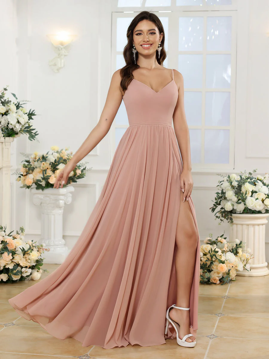 A-Line/Princess Spaghetti Straps Long Wedding Party Dresses with Split Side - Image 5