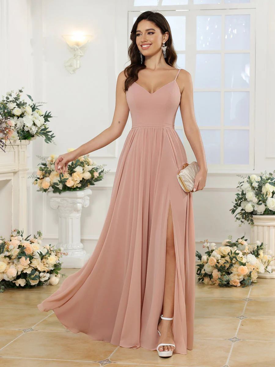 A-Line/Princess Spaghetti Straps Long Wedding Party Dresses with Split Side - Image 6