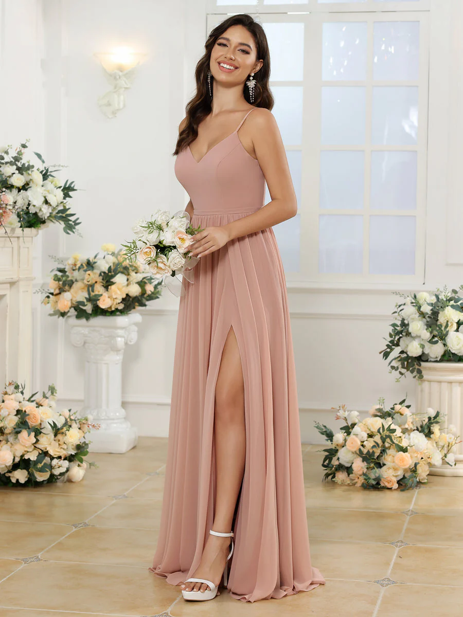 A-Line/Princess Spaghetti Straps Long Wedding Party Dresses with Split Side - Image 7