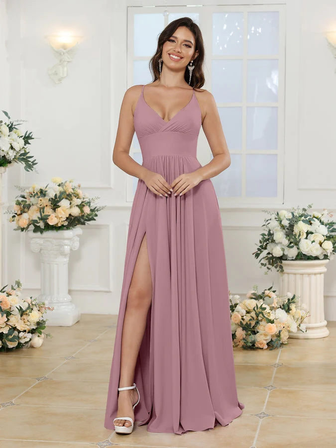 A-Line/Princess Spaghetti Straps Long Wedding Party Dresses with Split Side - Image 30