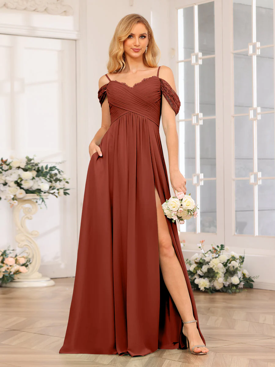 A-Line/Princess Spaghetti Straps Long Wedding Party Dresses with Split Side & Pockets - Image 15