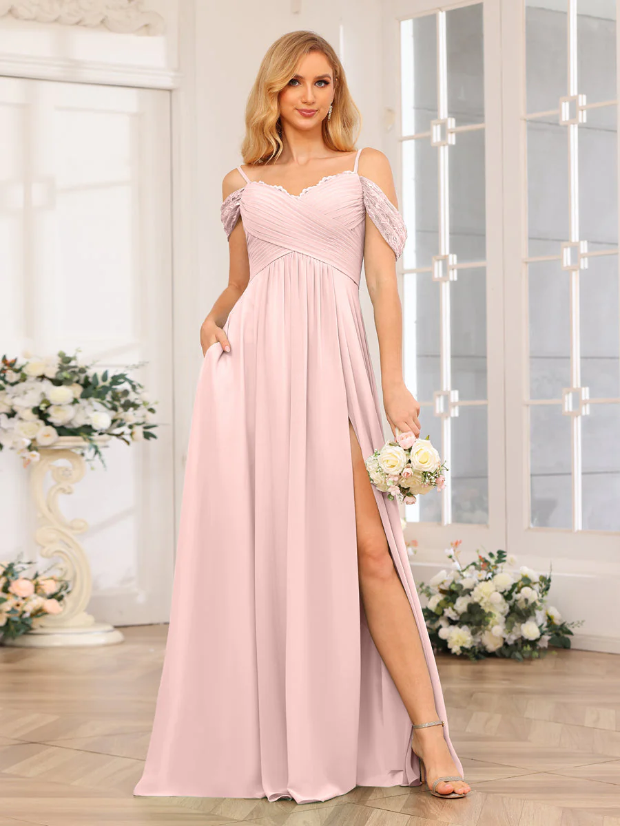A-Line/Princess Spaghetti Straps Long Wedding Party Dresses with Split Side & Pockets - Image 29