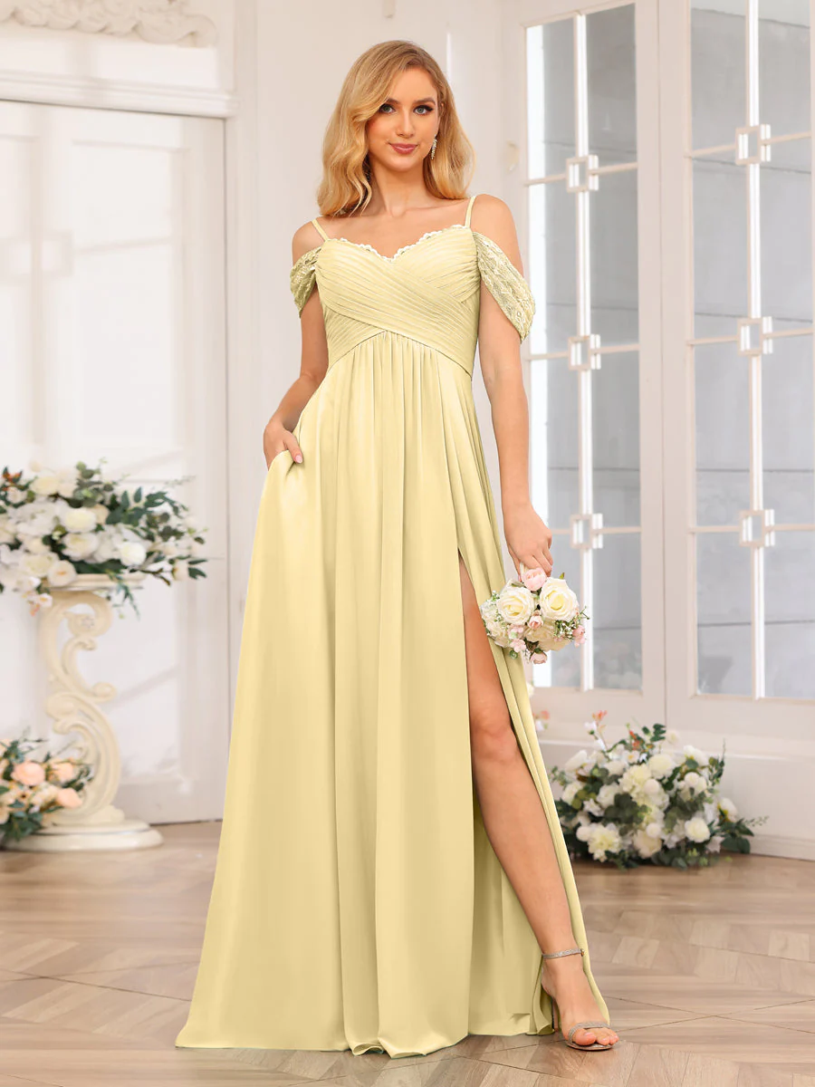 A-Line/Princess Spaghetti Straps Long Wedding Party Dresses with Split Side & Pockets - Image 70