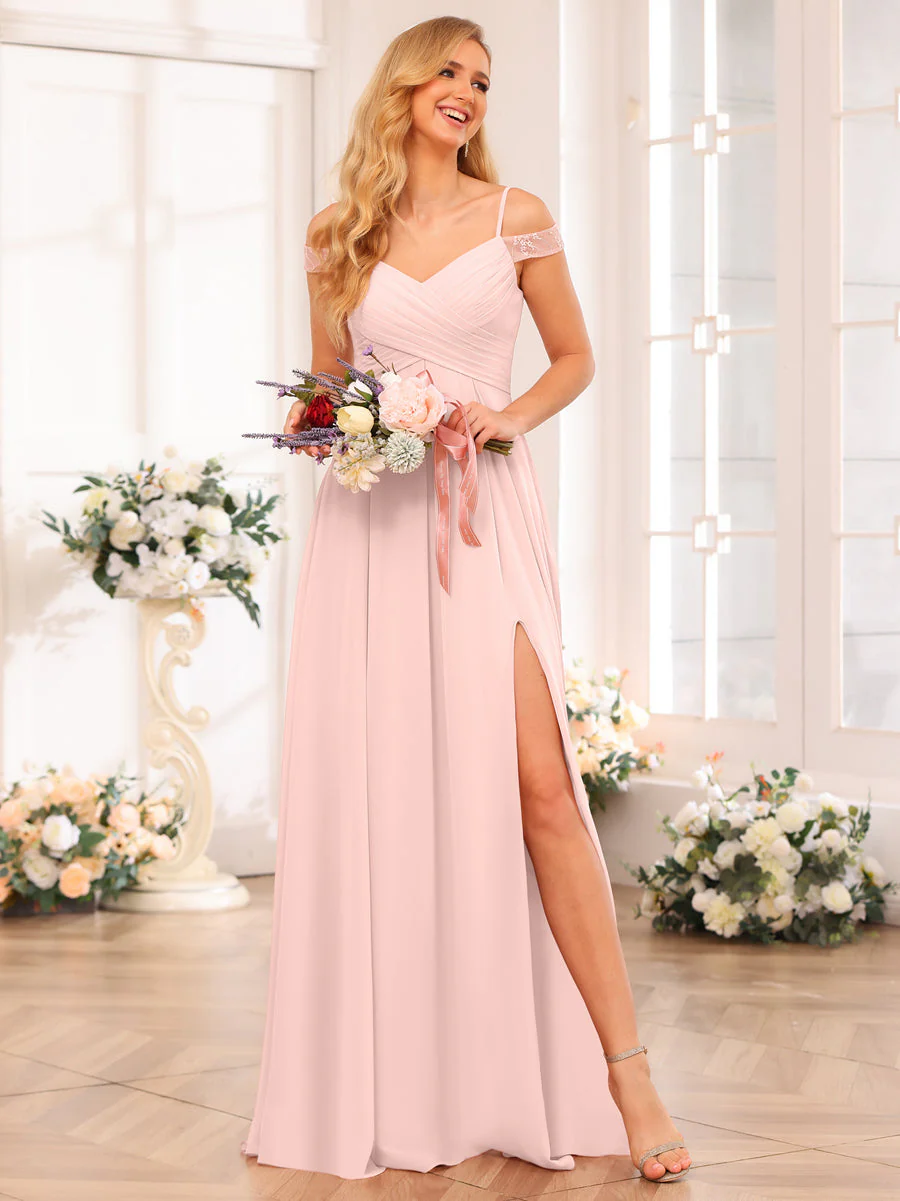 A-Line/Princess Spaghetti Straps Long Wedding Party Dresses with Split Side & Pockets - Image 29