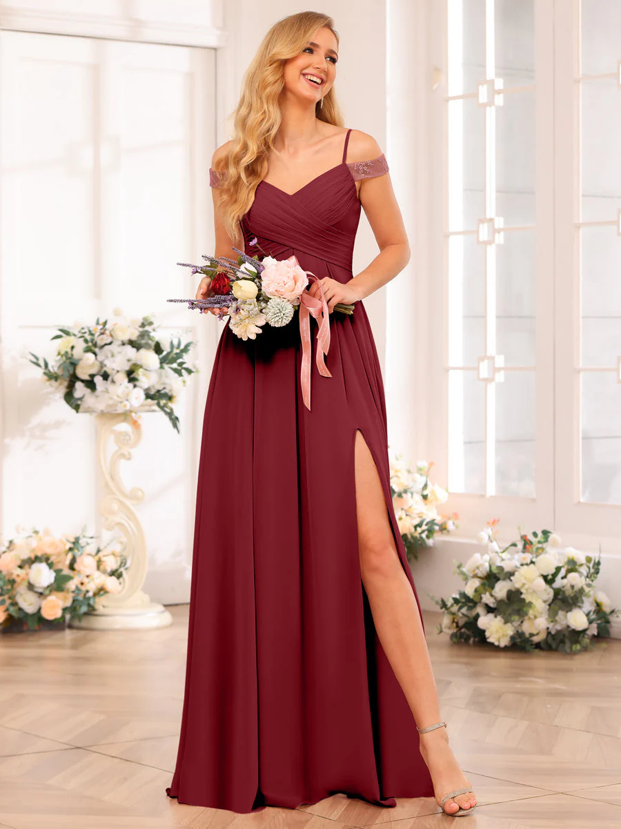 A-Line/Princess Spaghetti Straps Long Wedding Party Dresses with Split Side & Pockets - Image 40
