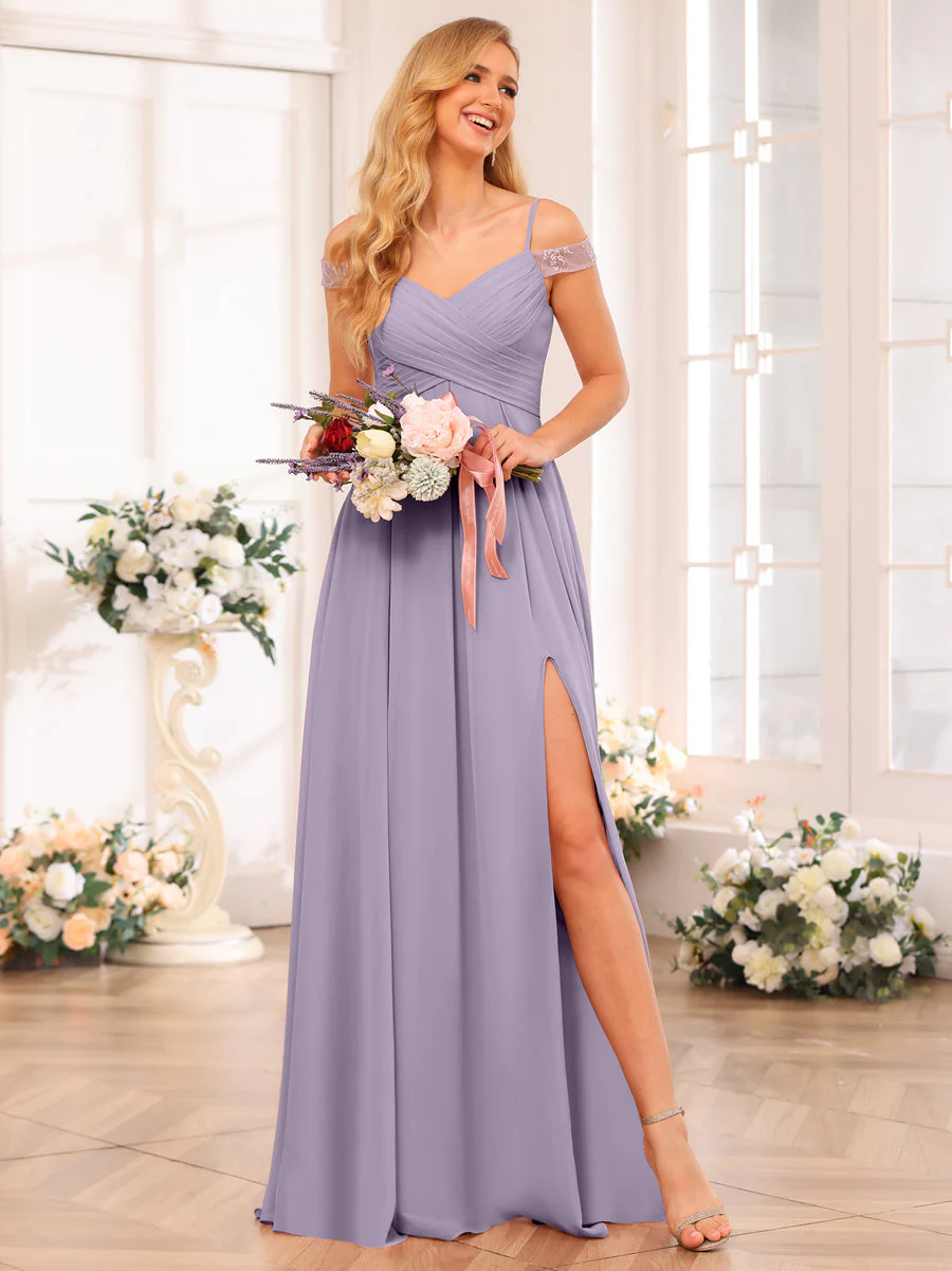 A-Line/Princess Spaghetti Straps Long Wedding Party Dresses with Split Side & Pockets - Image 42