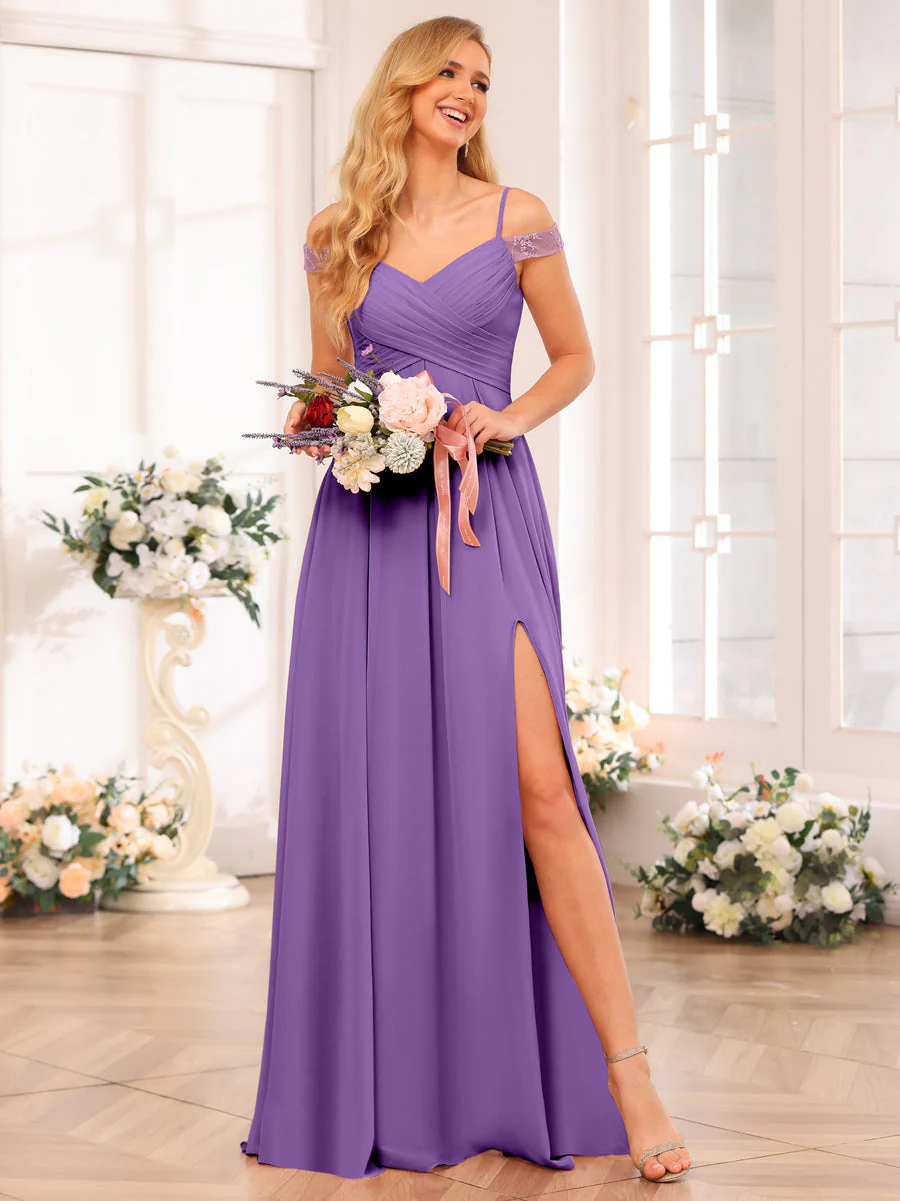 A-Line/Princess Spaghetti Straps Long Wedding Party Dresses with Split Side & Pockets - Image 45
