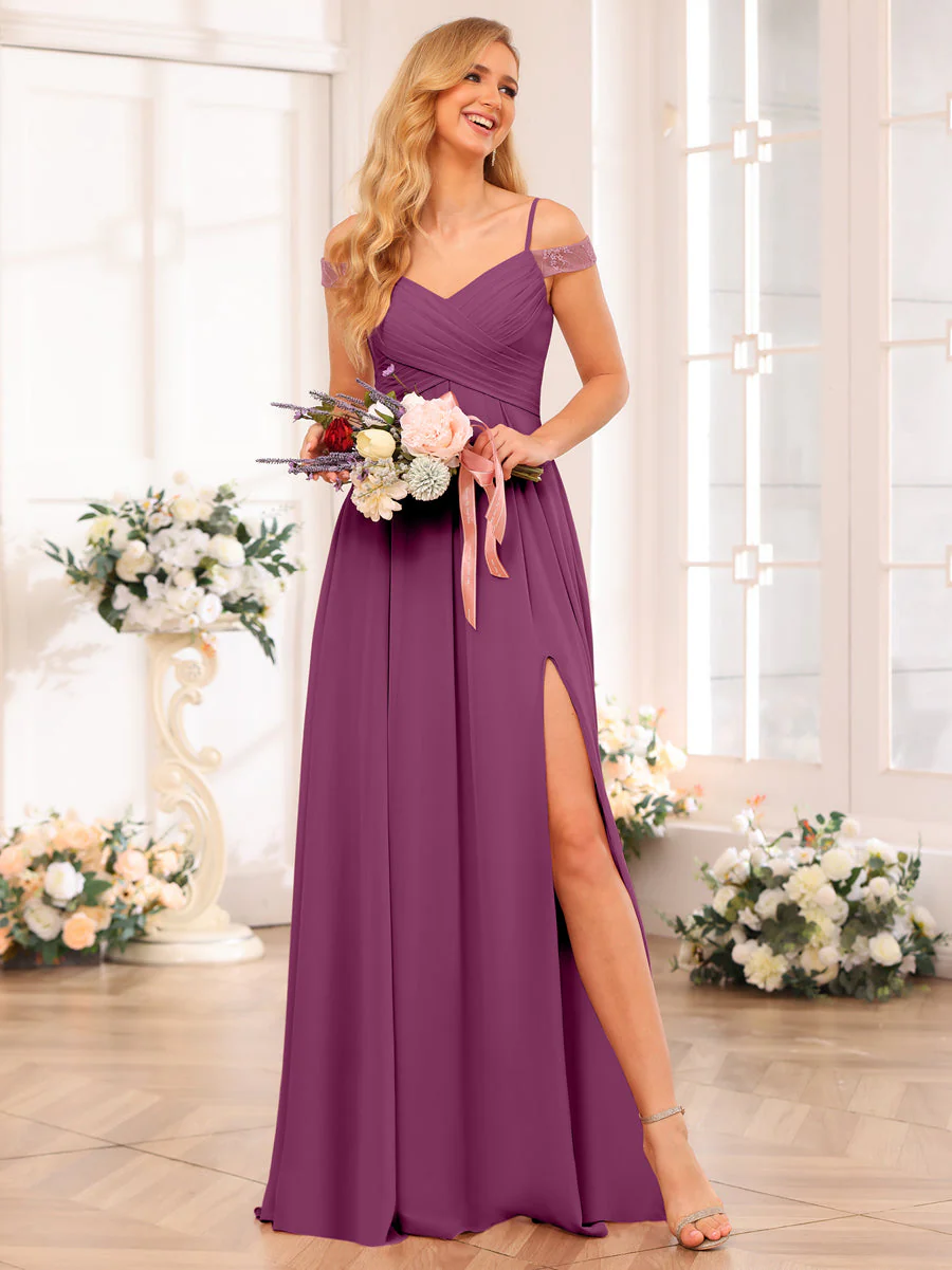 A-Line/Princess Spaghetti Straps Long Wedding Party Dresses with Split Side & Pockets - Image 47