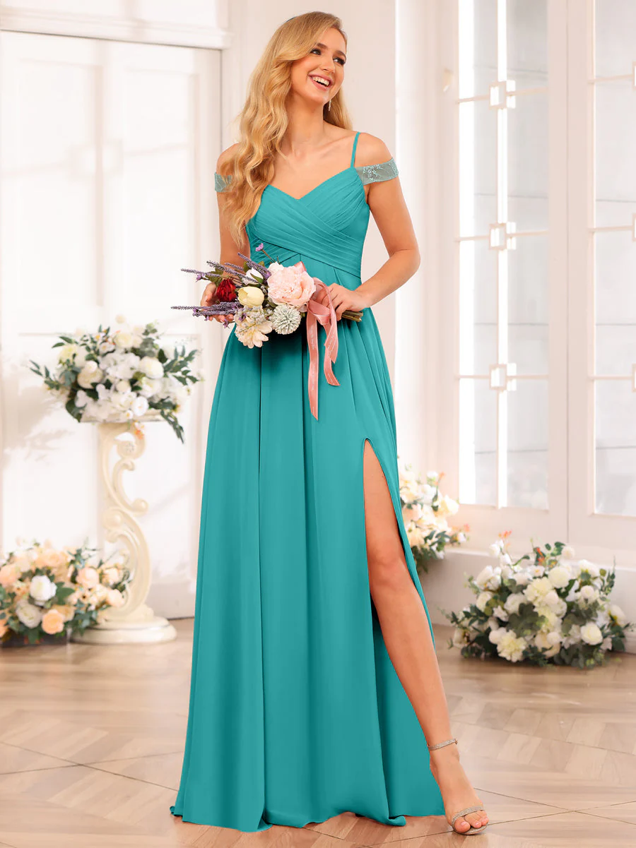 A-Line/Princess Spaghetti Straps Long Wedding Party Dresses with Split Side & Pockets - Image 55