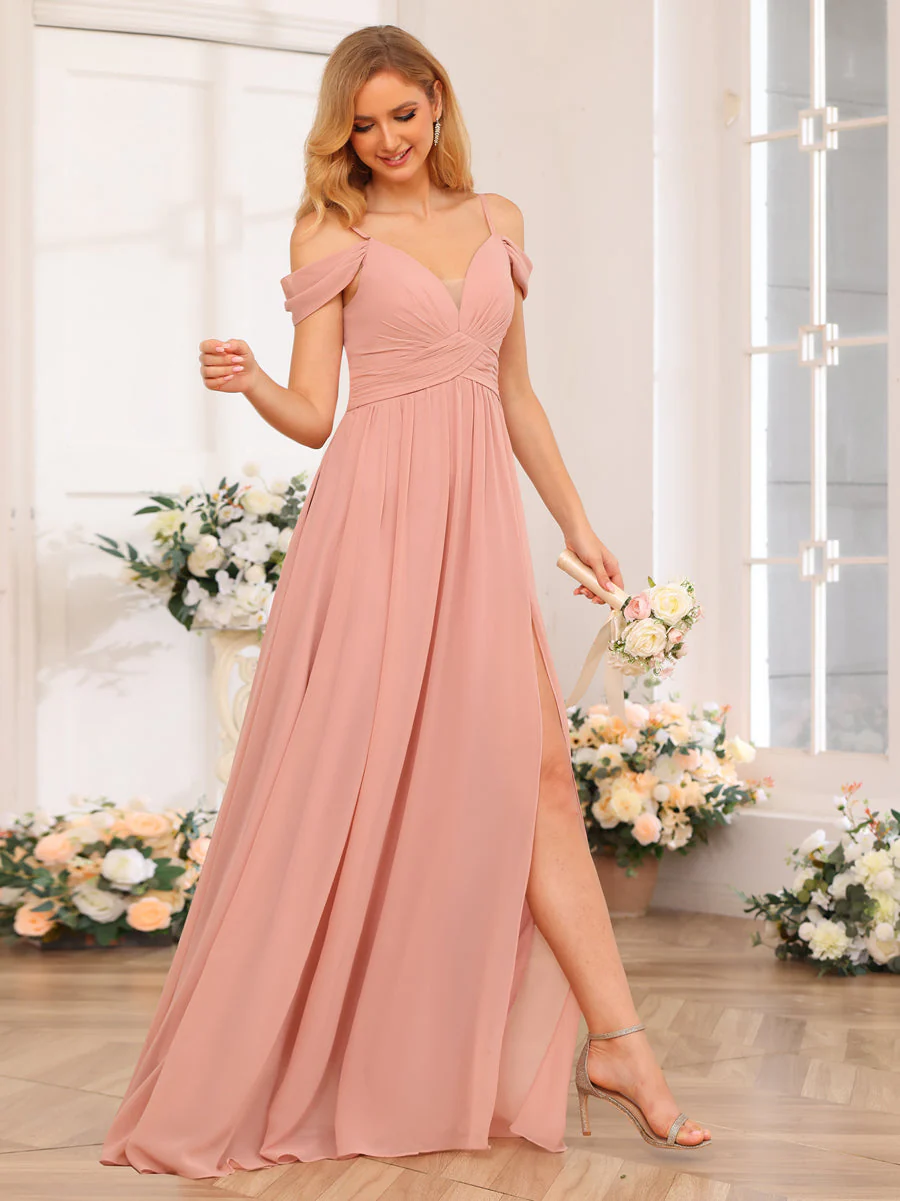 A-Line/Princess Spaghetti Straps Long Wedding Party Dresses with Split Side & Pockets - Image 3