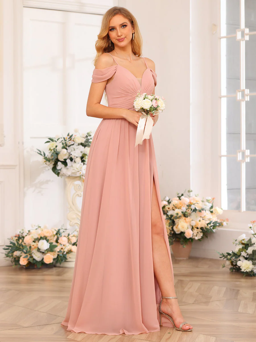 A-Line/Princess Spaghetti Straps Long Wedding Party Dresses with Split Side & Pockets - Image 7