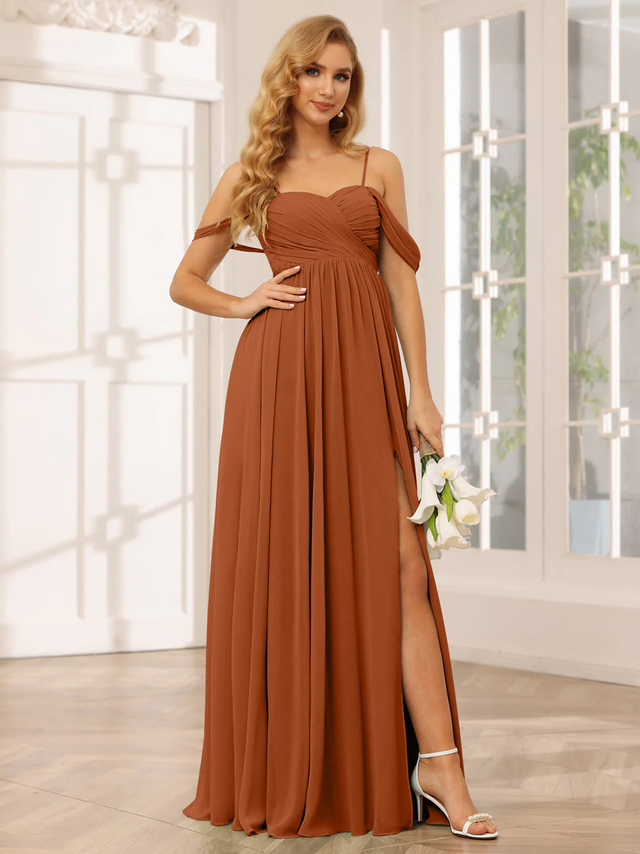 A-Line/Princess Spaghetti Straps Off-The-Shoulder Long Bridesmaid Dresses With Split Side - Image 9
