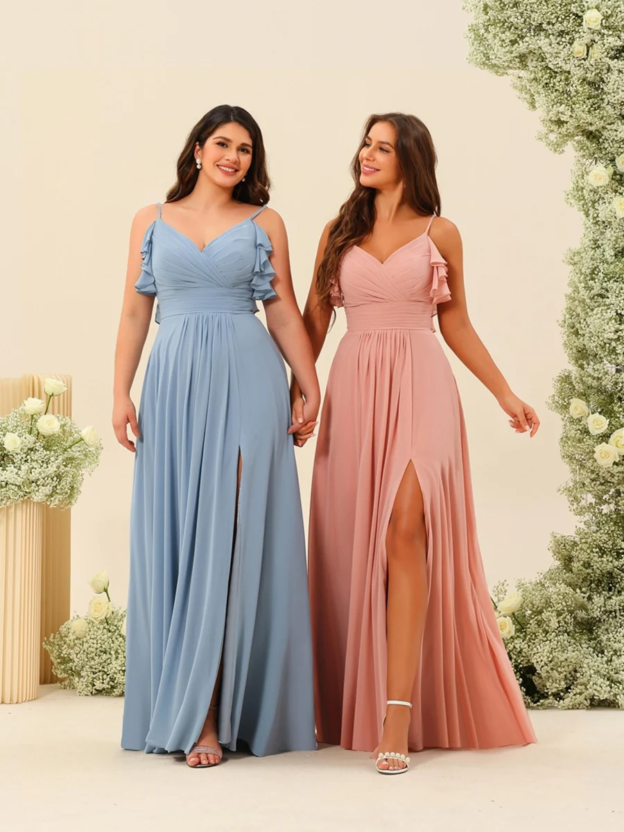A-Line/Princess Spaghetti Straps Plus Size Ruched Long Bridesmaid Dresses with Split Side - Image 7