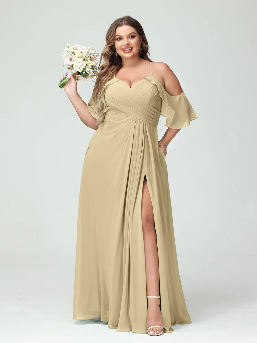 A-Line/Princess Spaghetti Straps Short Sleeves Chiffon Ruched Split Side Plus Size Bridesmaid Dresses with Pockets - Image 24