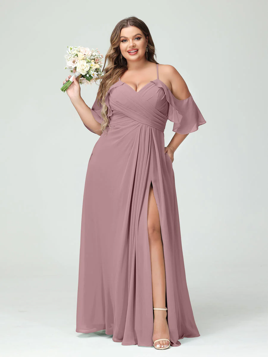 A-Line/Princess Spaghetti Straps Short Sleeves Chiffon Ruched Split Side Plus Size Bridesmaid Dresses with Pockets - Image 31