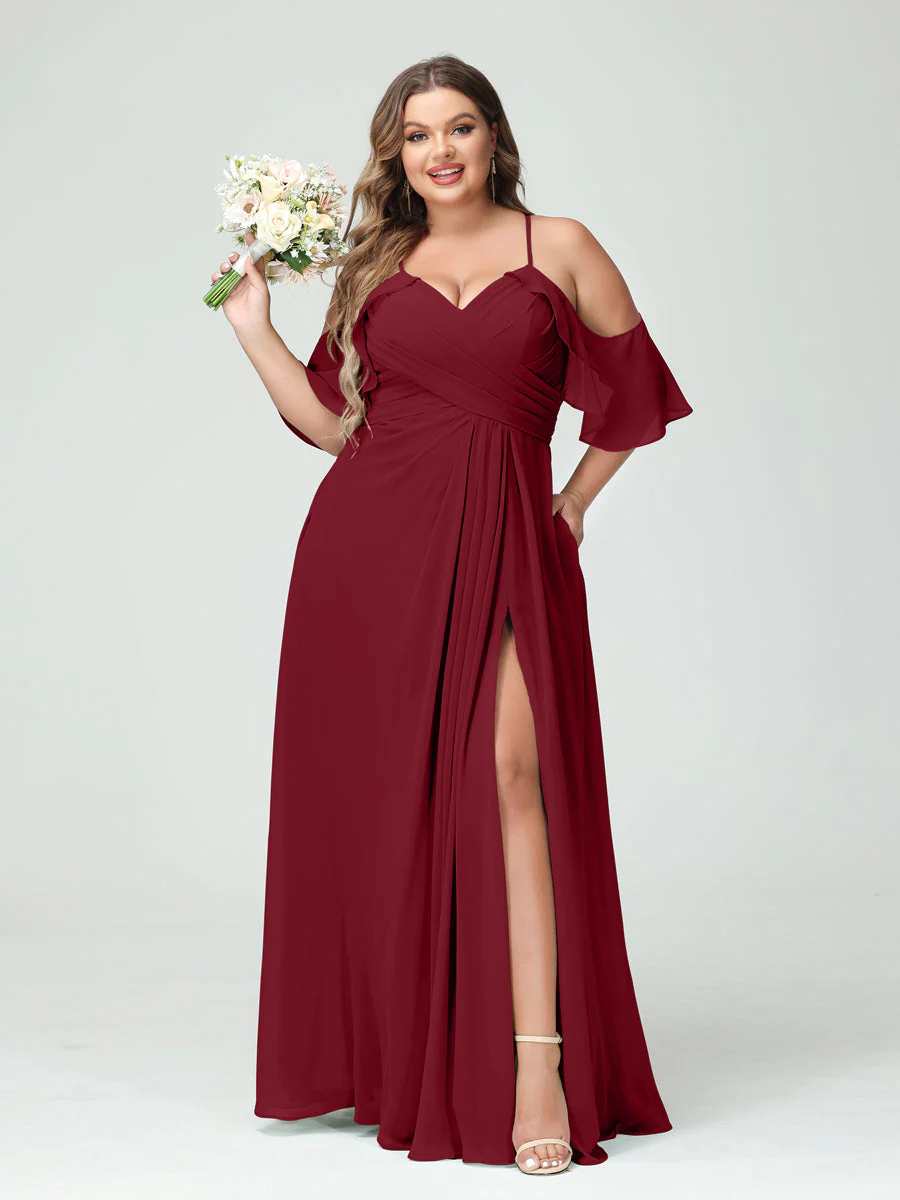 A-Line/Princess Spaghetti Straps Short Sleeves Chiffon Ruched Split Side Plus Size Bridesmaid Dresses with Pockets - Image 37