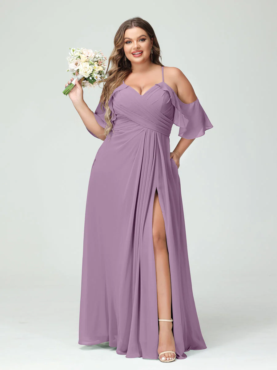 A-Line/Princess Spaghetti Straps Short Sleeves Chiffon Ruched Split Side Plus Size Bridesmaid Dresses with Pockets - Image 40
