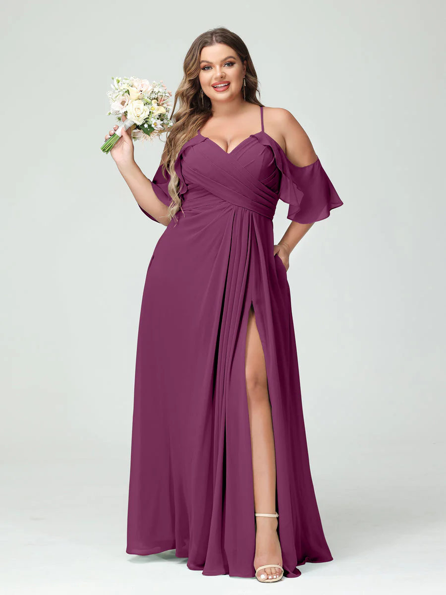 A-Line/Princess Spaghetti Straps Short Sleeves Chiffon Ruched Split Side Plus Size Bridesmaid Dresses with Pockets - Image 44