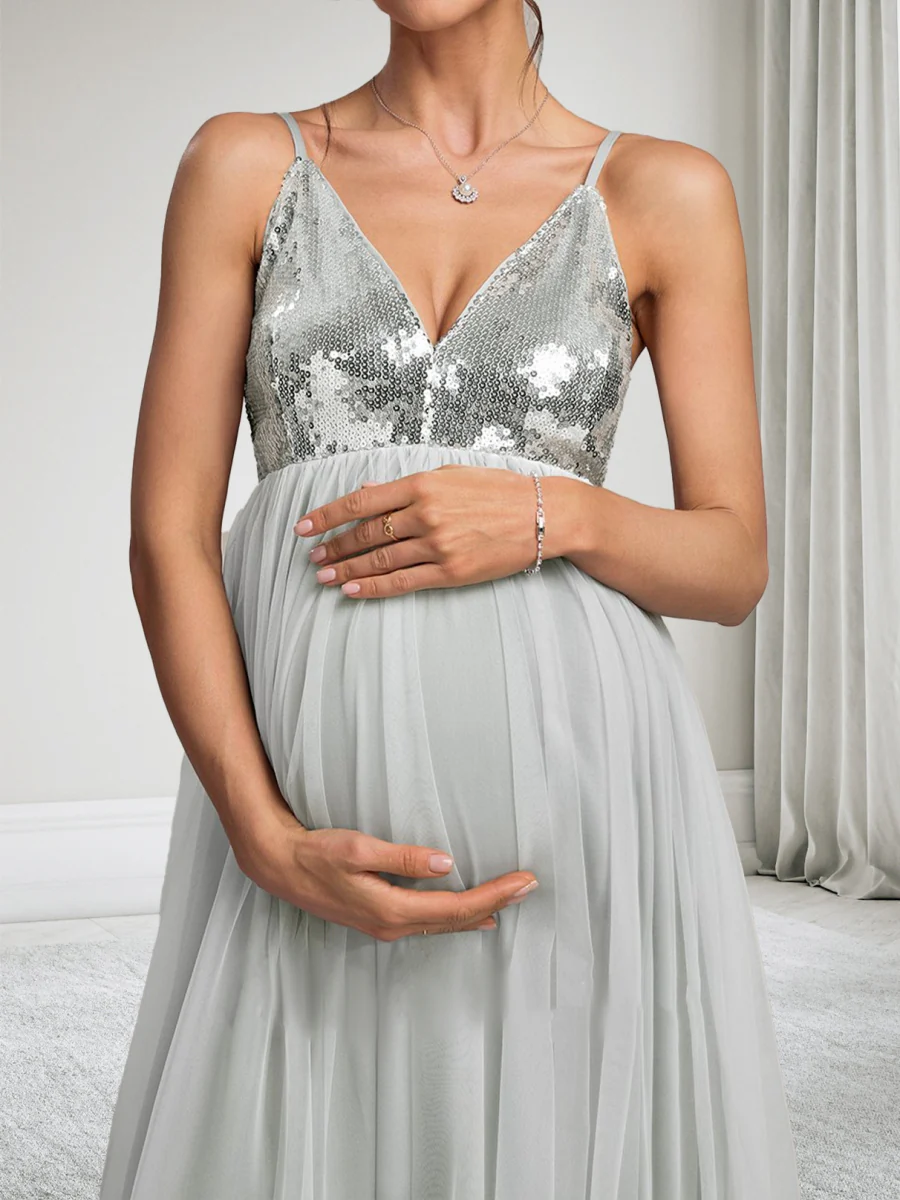 A-Line/Princess Spaghetti Straps Sleeveless Ankle-Length Sequins Baby Shower Dresses - Image 3