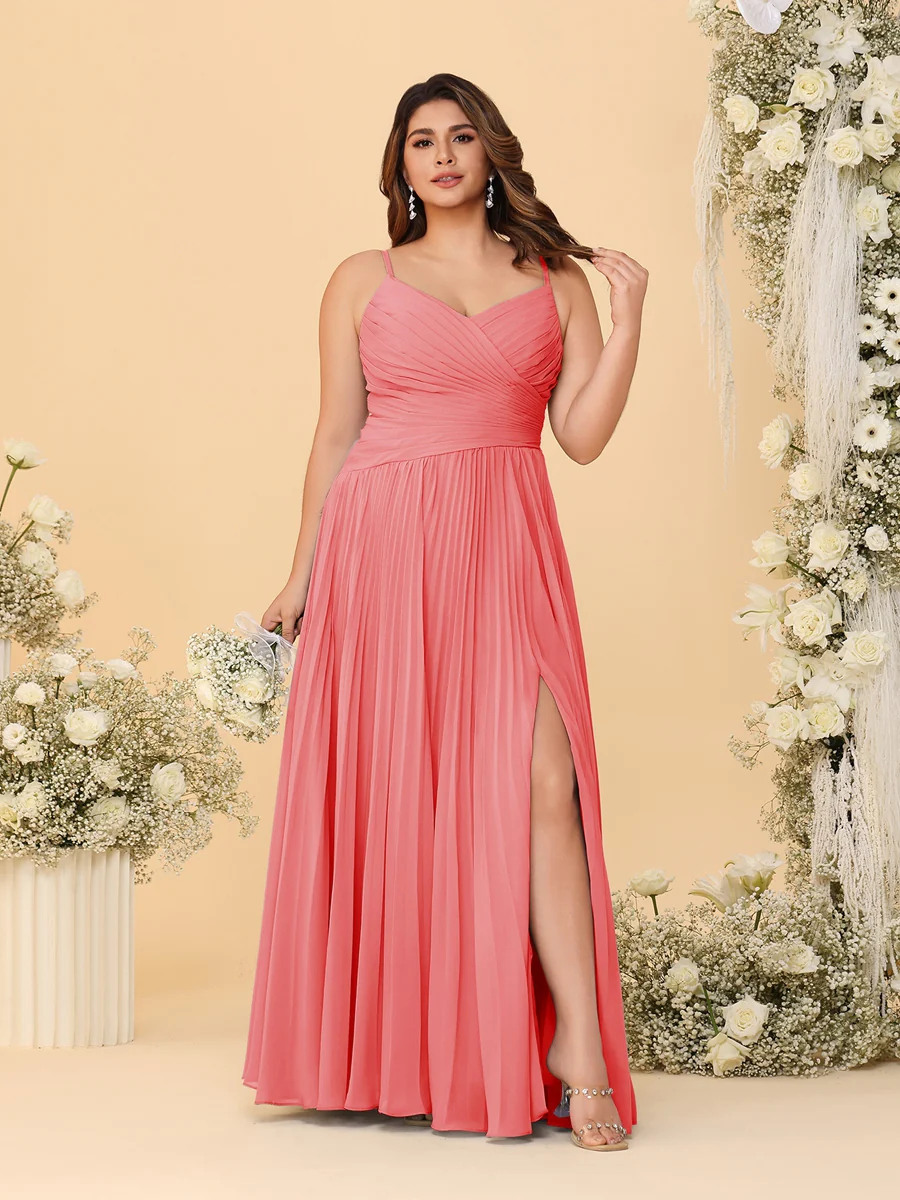 A-Line/Princess Spaghetti Straps Sleeveless Ruched Bridesmaid Dresses with Side Slit - Image 13