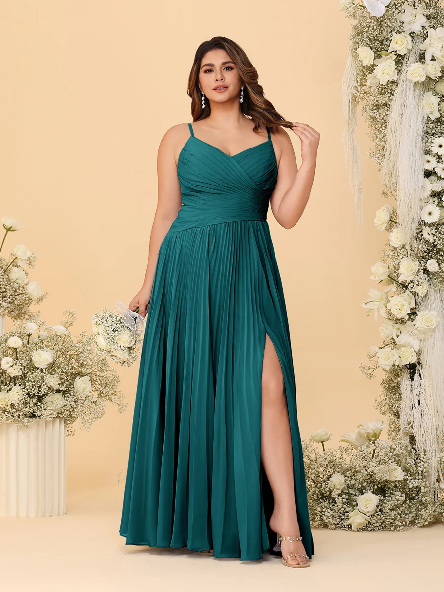 A-Line/Princess Spaghetti Straps Sleeveless Ruched Bridesmaid Dresses with Side Slit - Image 51